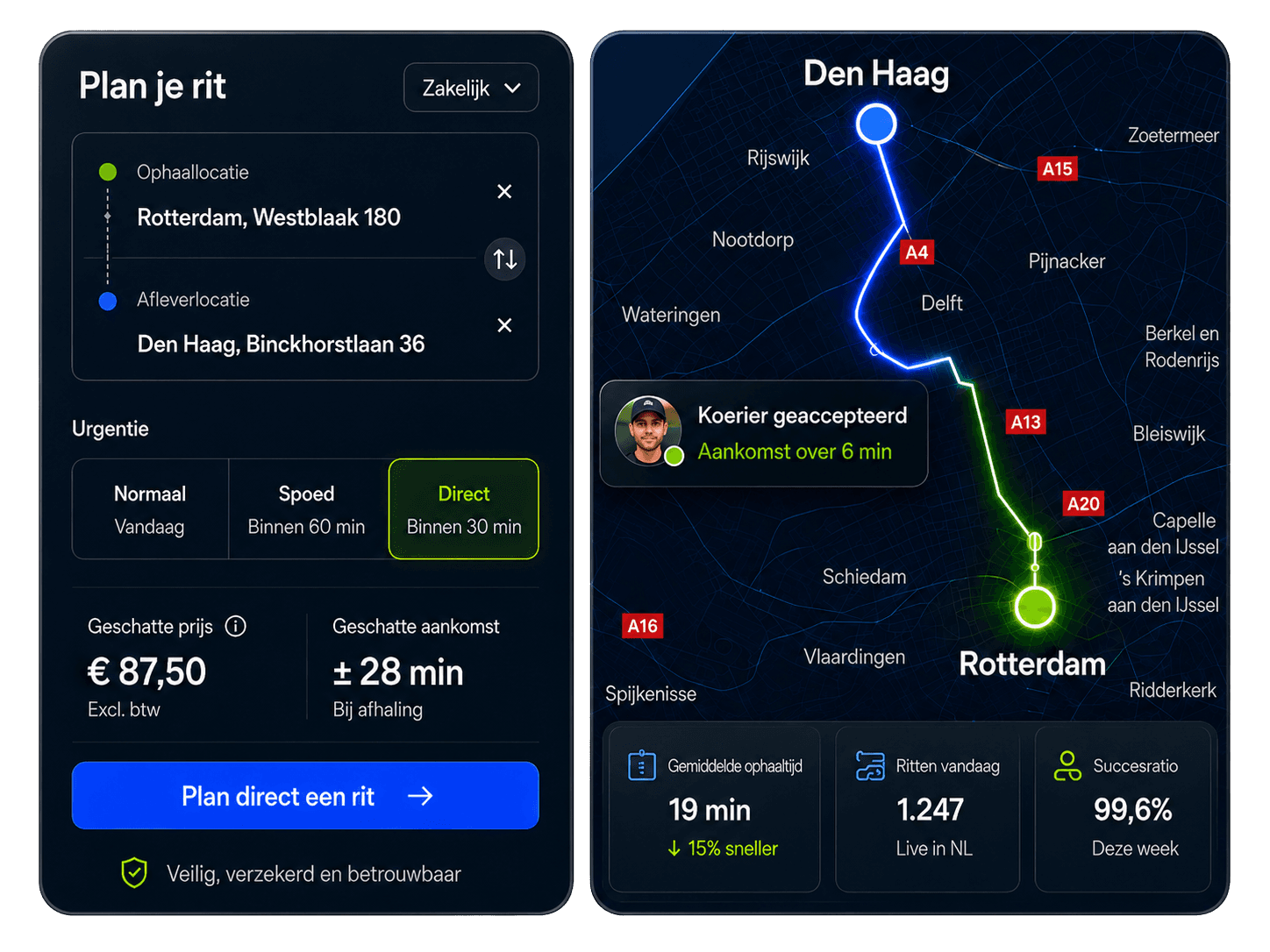 Ritplanner en live routekaart van Koeriertjenodig